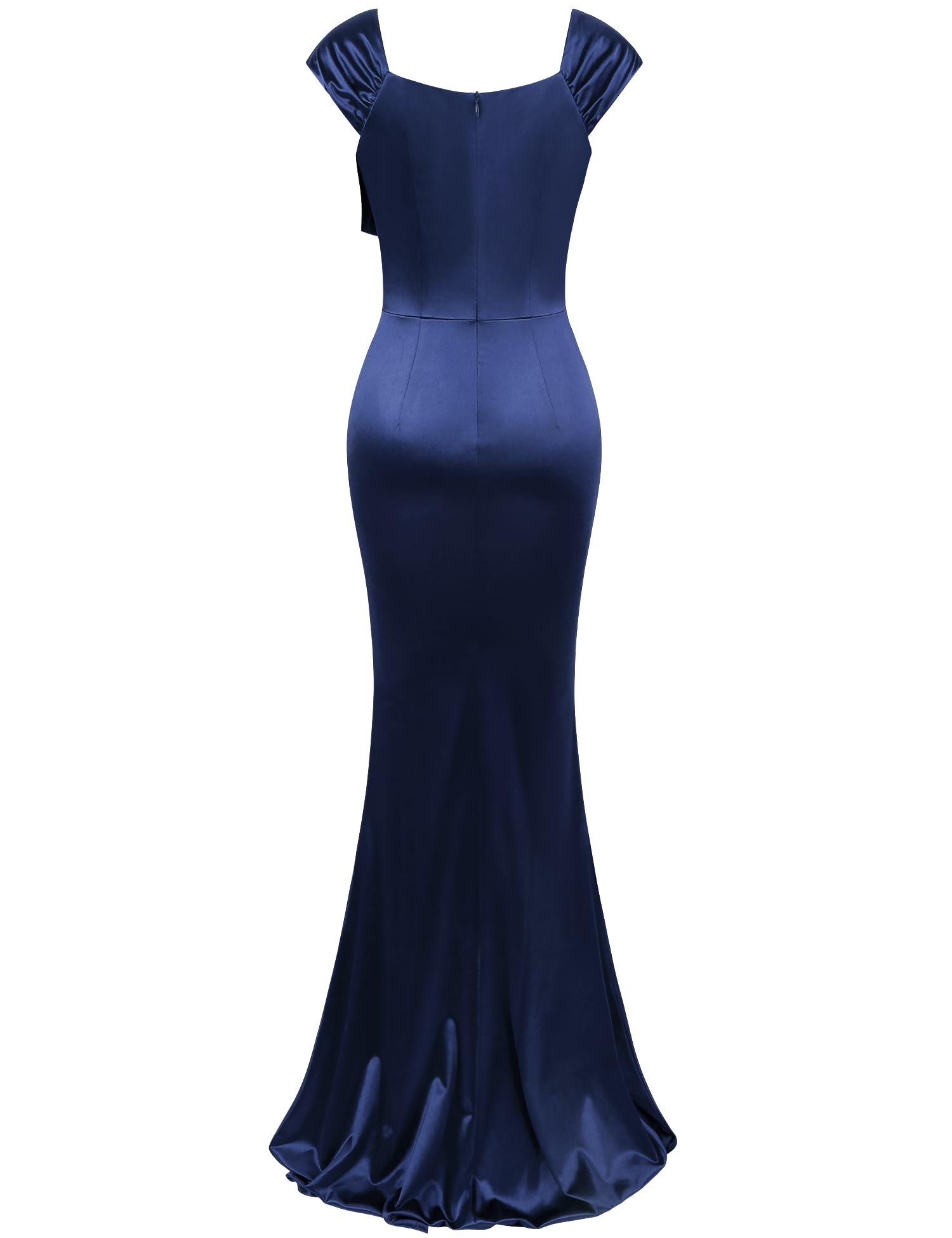 Navy Blue Women Style Retro Cap Sleeve Square Neck Satin Prom Long Maxi Dress
